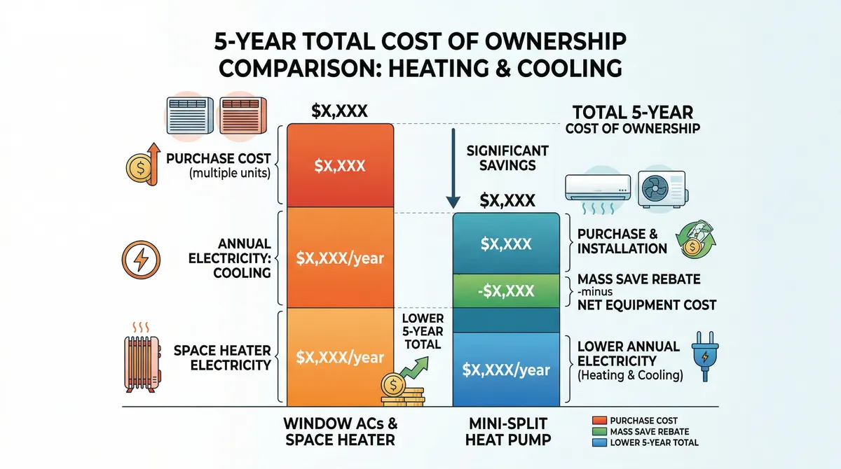 Cost comparison chart showing 5-year total cost of window ACs plus space heaters vs mini-split heat pump