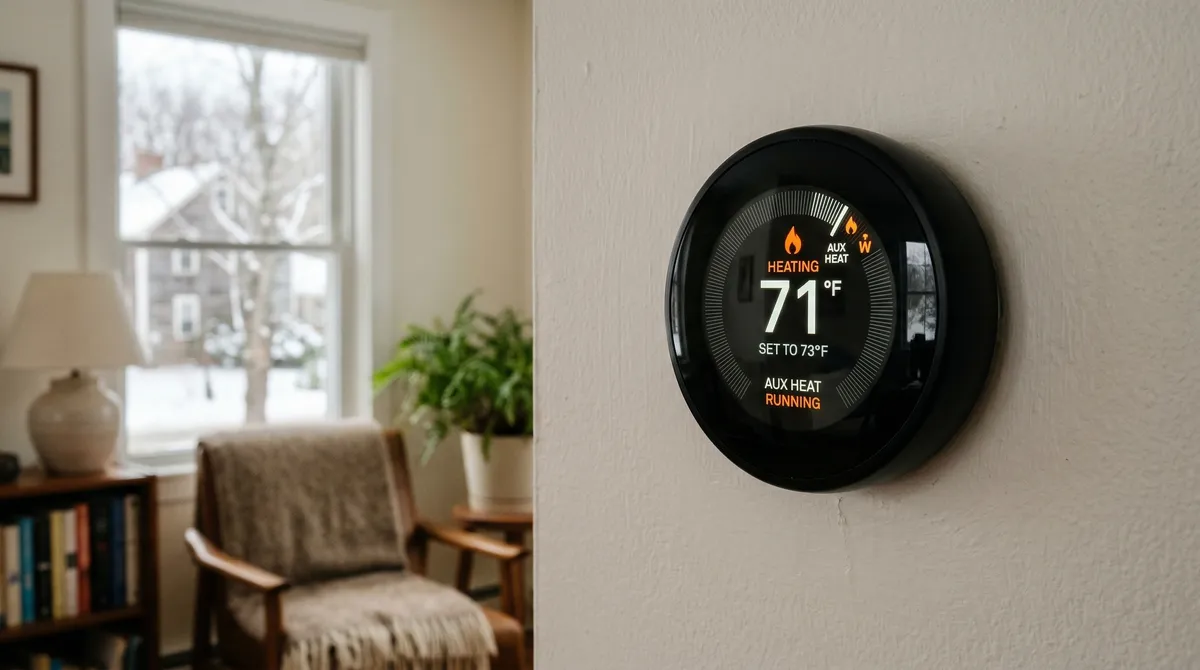 Thermostat showing auxiliary heat indicator during heat pump defrost cycle
