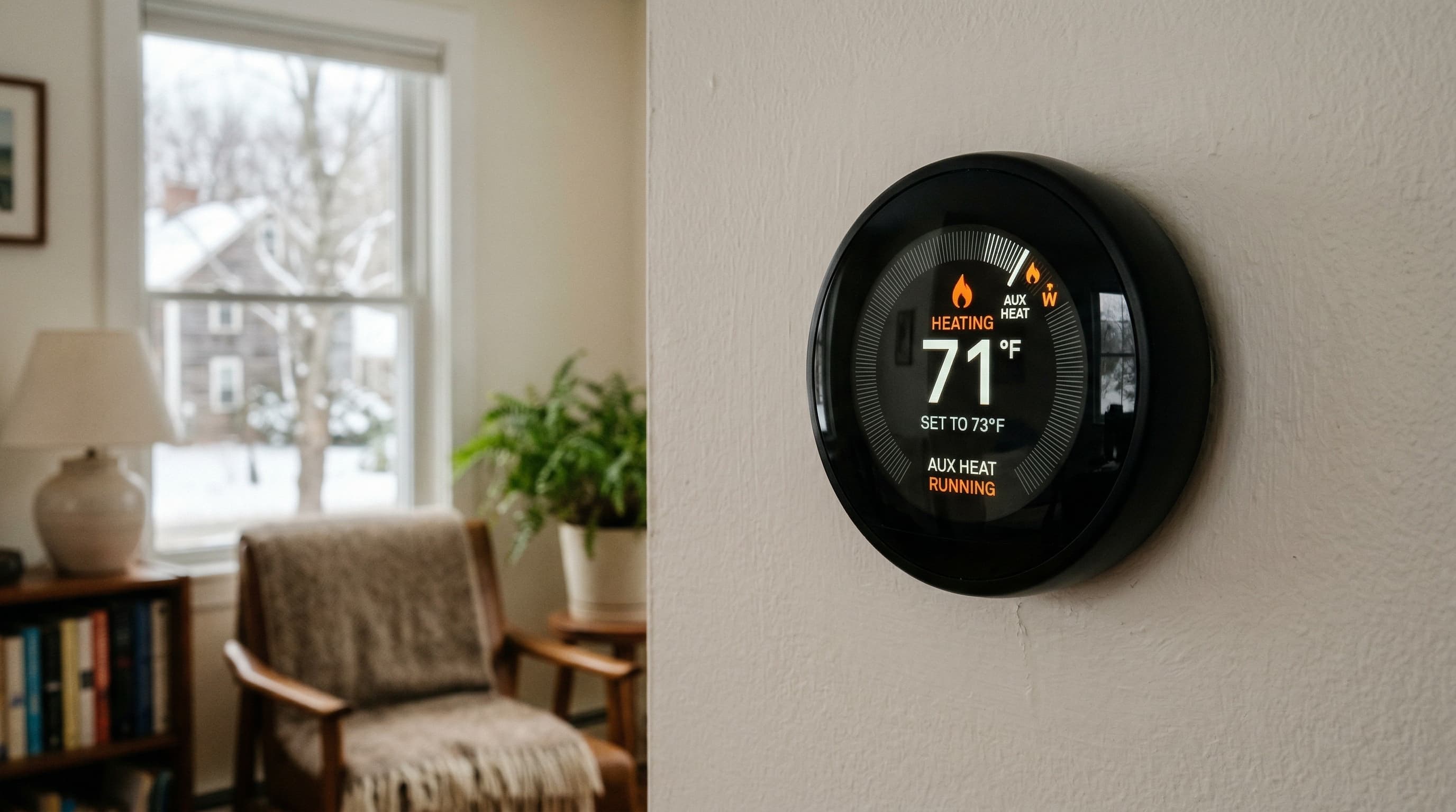 Thermostat showing auxiliary heat indicator during heat pump defrost cycle
