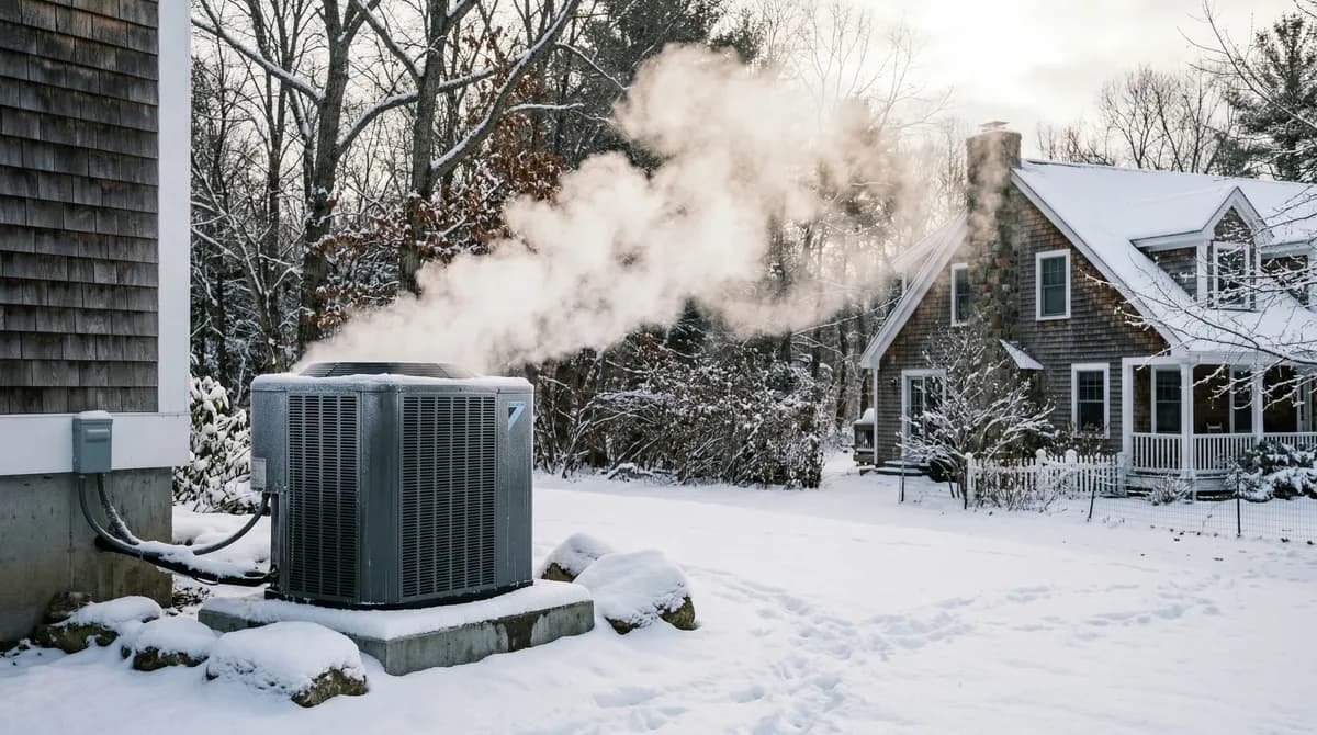 Heat pump outdoor unit with steam during winter defrost cycle in Massachusetts