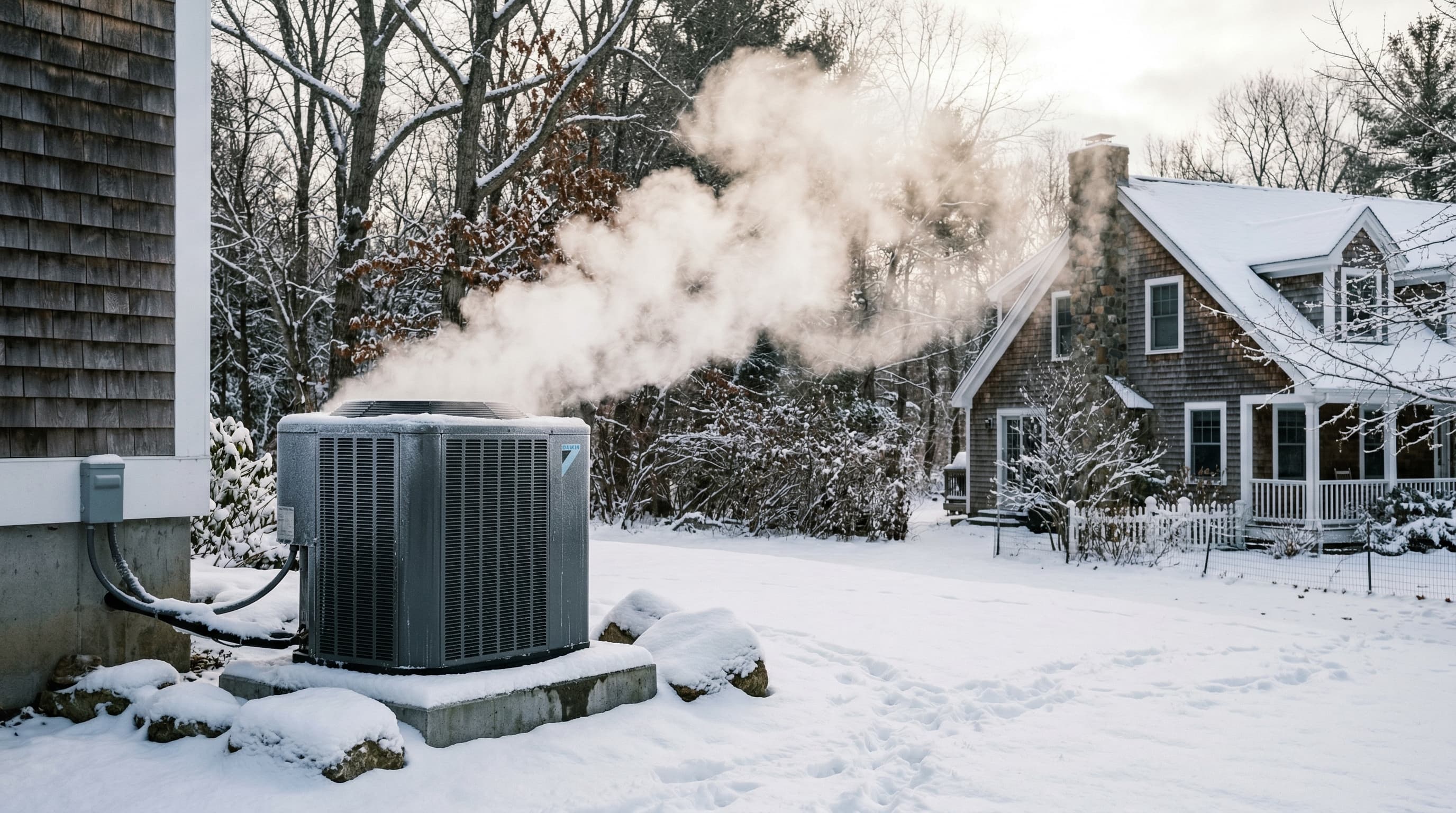 Heat pump outdoor unit with steam during winter defrost cycle in Massachusetts