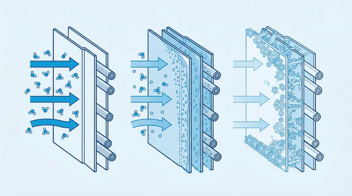 Diagram showing how ice forms on heat pump outdoor coil when extracting heat from cold air