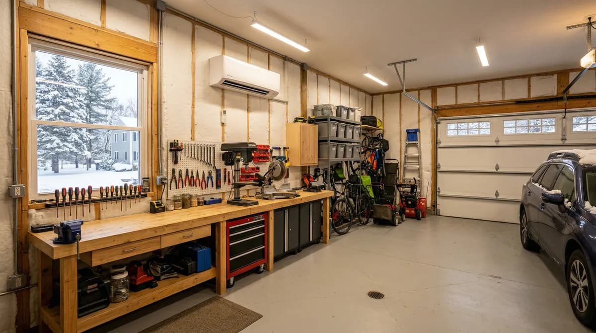 Mini-split heat pump installed in a Massachusetts garage workshop with workbench and tools