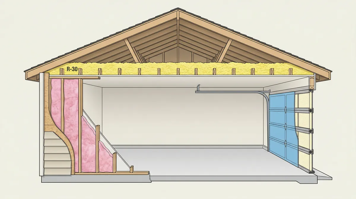 Garage insulation diagram showing R-value targets for walls, ceiling, and garage door