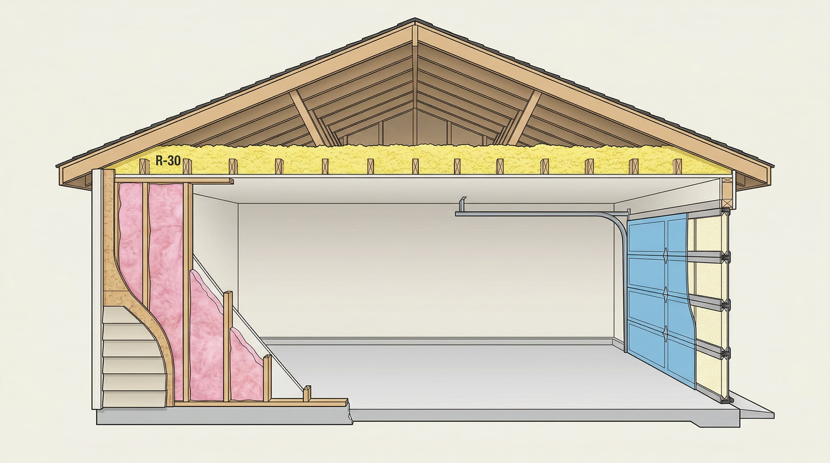 Garage insulation diagram showing R-value targets for walls, ceiling, and garage door