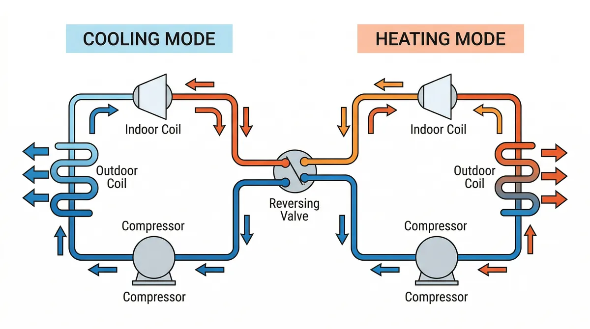 Diagram showing how a heat pump cooling cycle works — same as AC but reversible