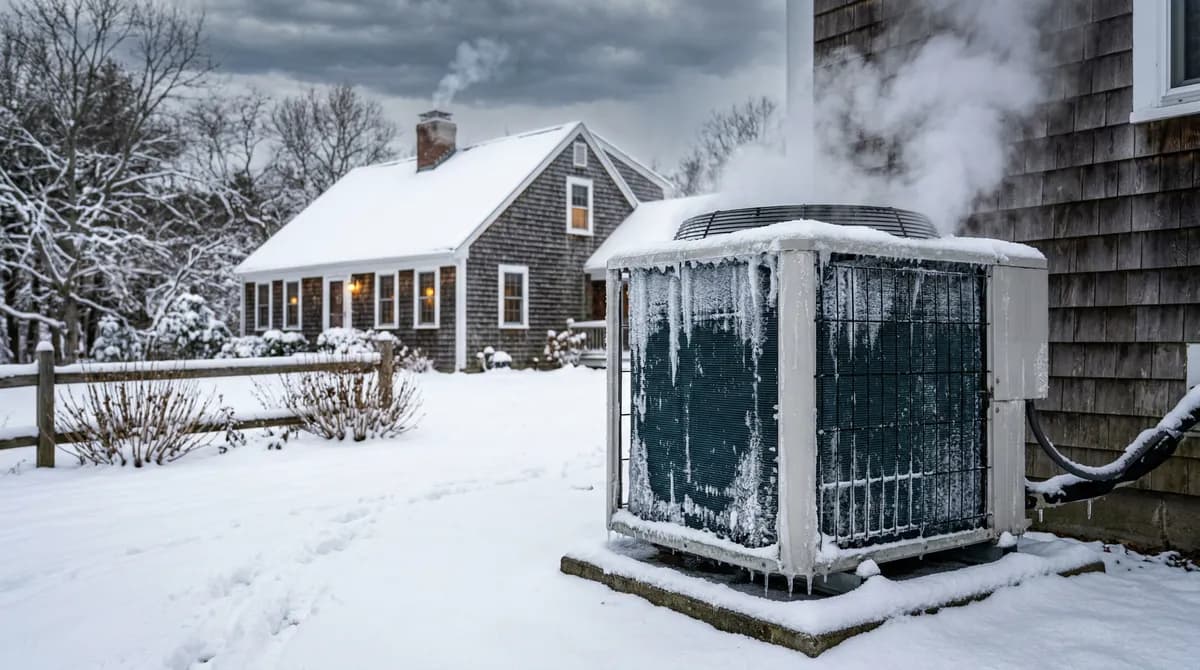 Massachusetts winter showing snow-covered heat pump outdoor unit