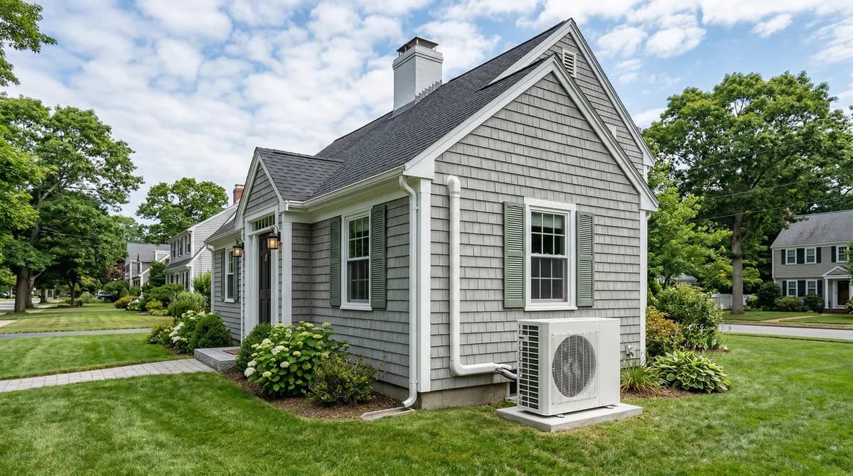 Heat pump outdoor unit next to a Massachusetts home, replacing both AC and furnace