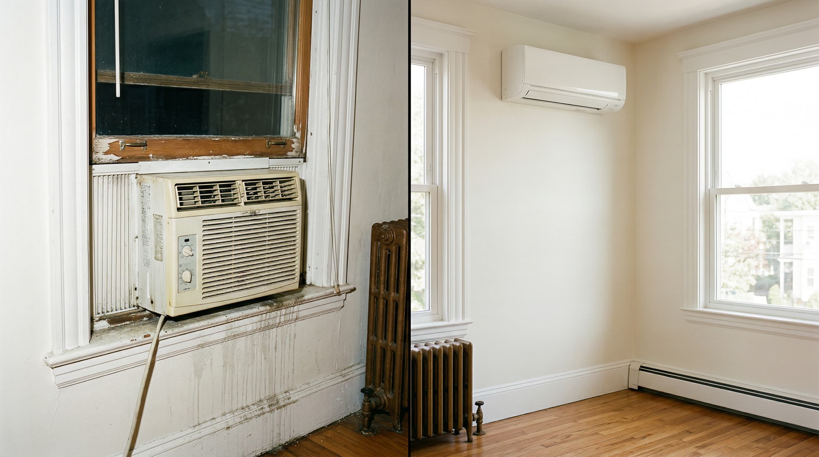 Side-by-side comparison of a mini-split heat pump and window AC in a Massachusetts apartment