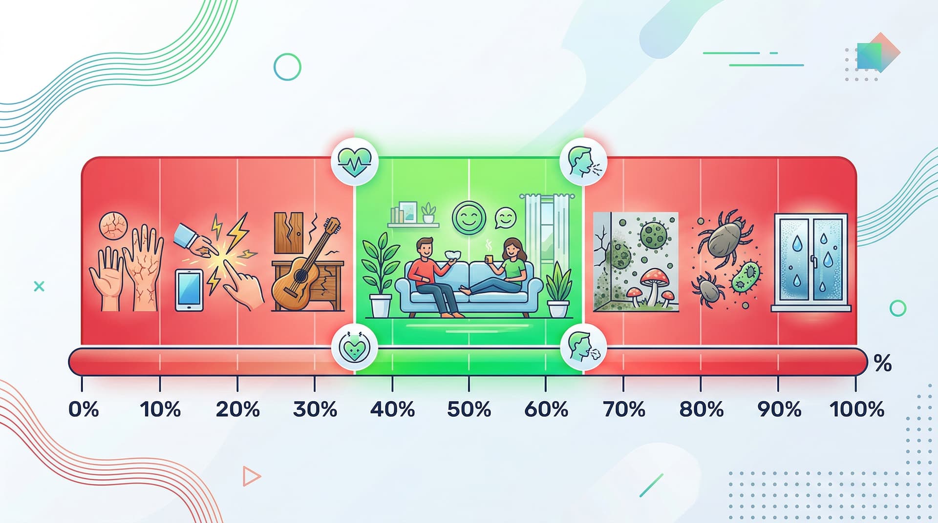 Chart showing ideal indoor humidity range of 40-50% with health effects at each level