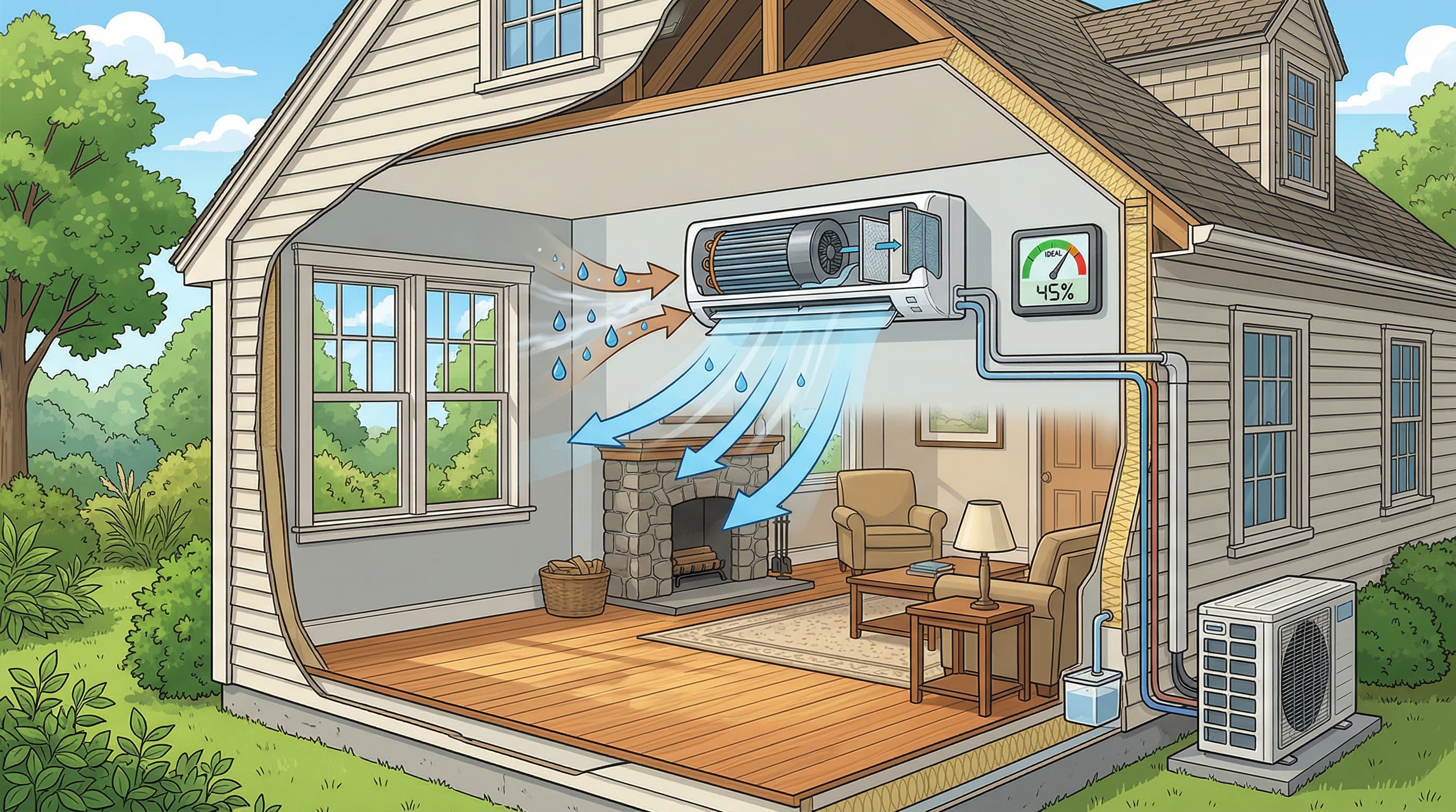 Heat pump dehumidification process diagram showing moisture removal from Massachusetts home