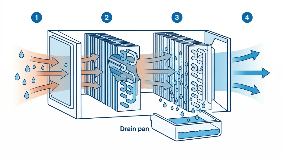 Diagram showing how warm humid air passes over cold evaporator coil, condensing moisture
