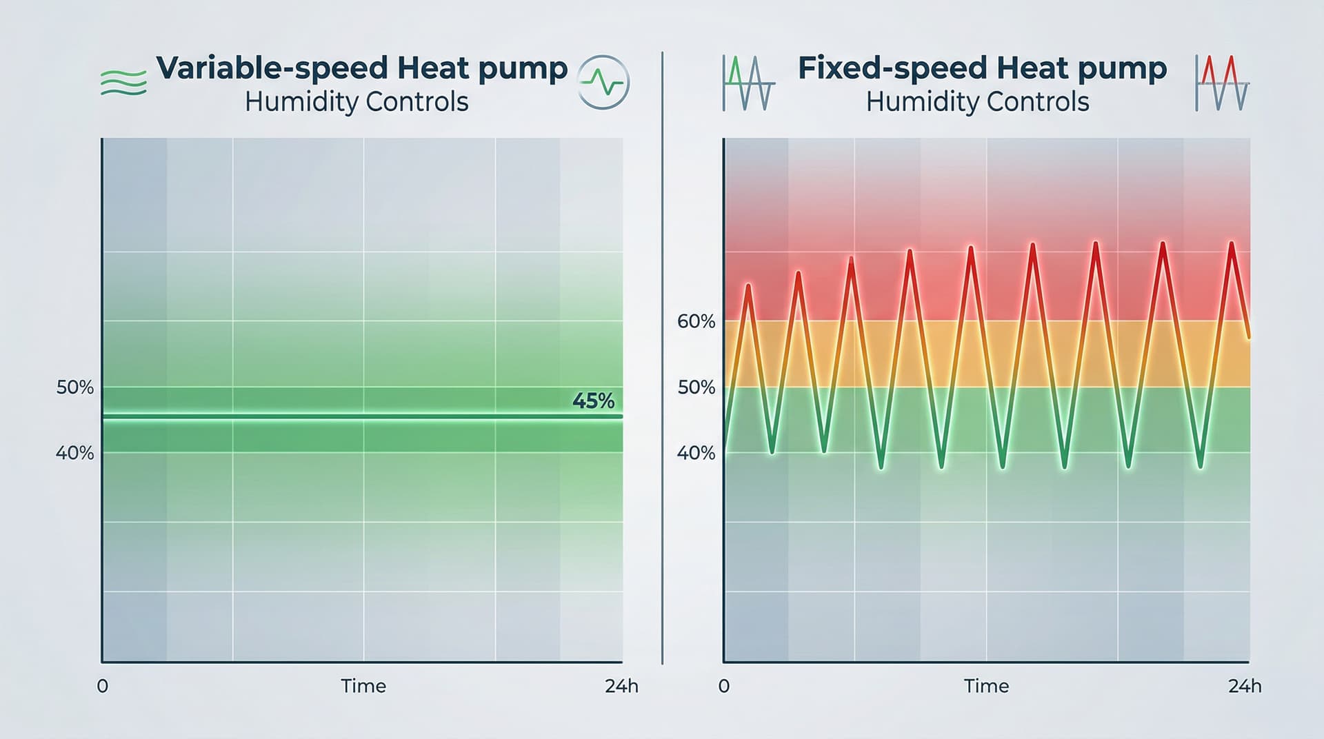 Comparison chart showing variable speed heat pump maintaining steady low humidity vs fixed speed cycling