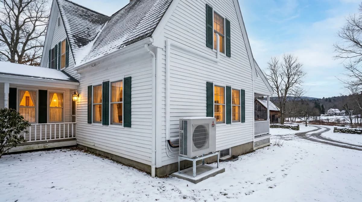 Heat pump outdoor units installed on a Massachusetts home in winter with snow-covered landscape