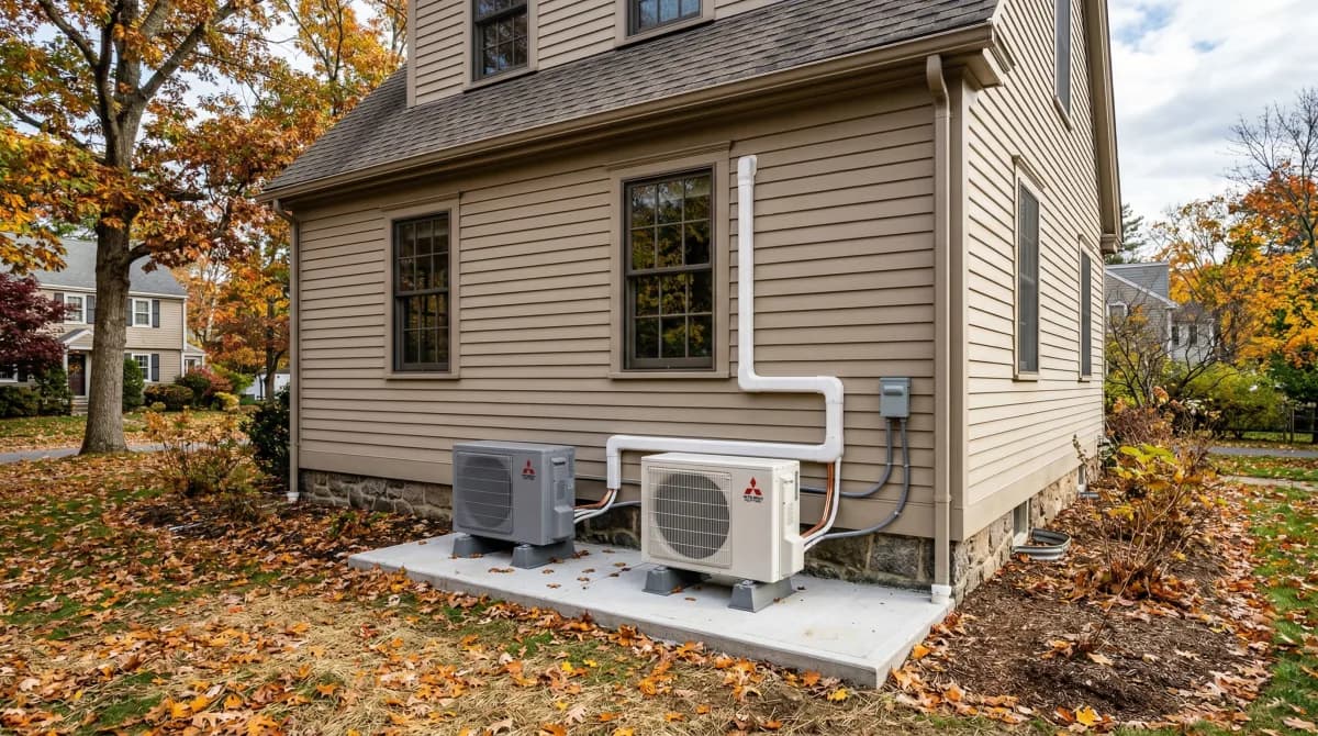 Professional HVAC technician installing a cold-climate heat pump on a Massachusetts home
