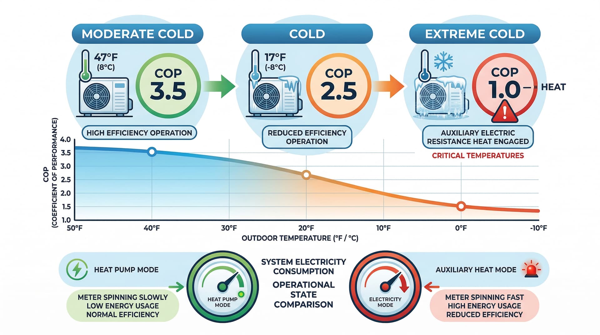 Diagram showing heat pump COP dropping and auxiliary heat activating at low temperatures