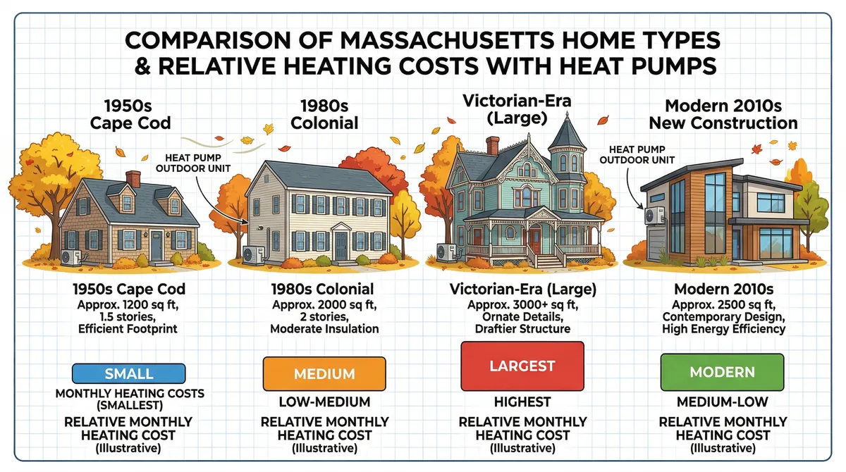 Comparison of heat pump running costs across different Massachusetts home types