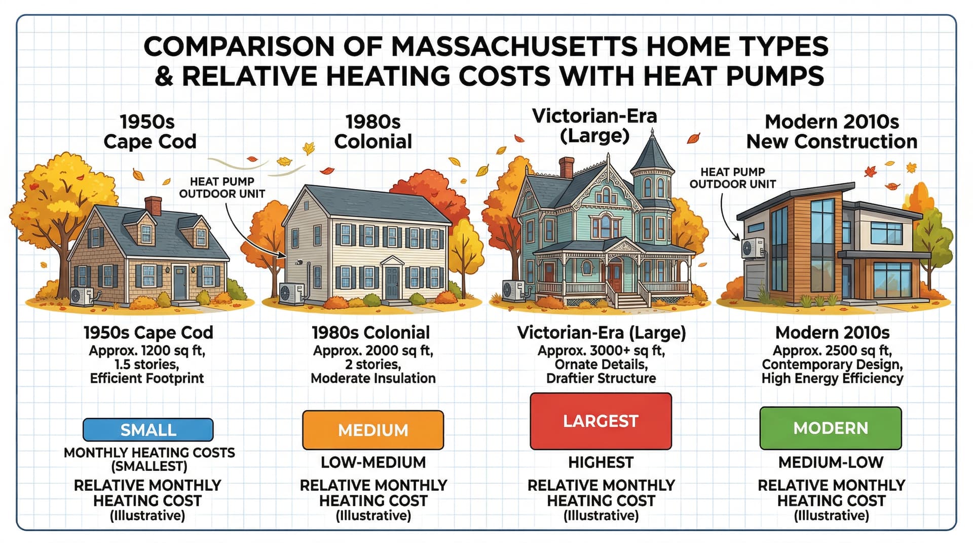 Comparison of heat pump running costs across different Massachusetts home types