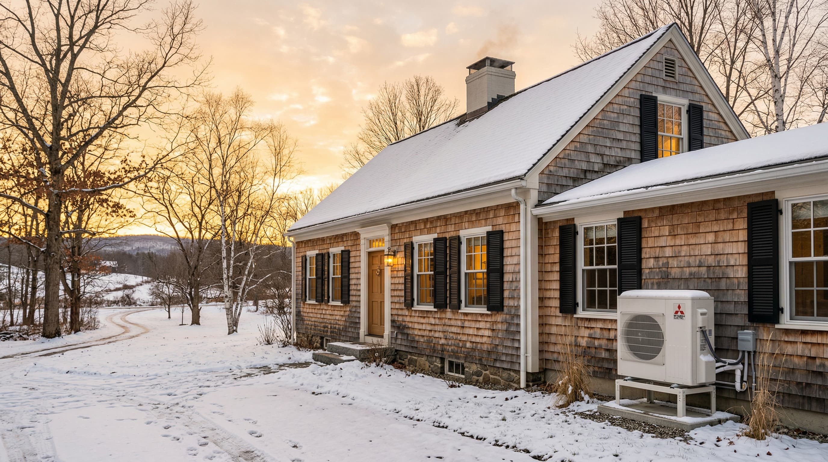 Heat pump outdoor unit next to a Massachusetts home in winter