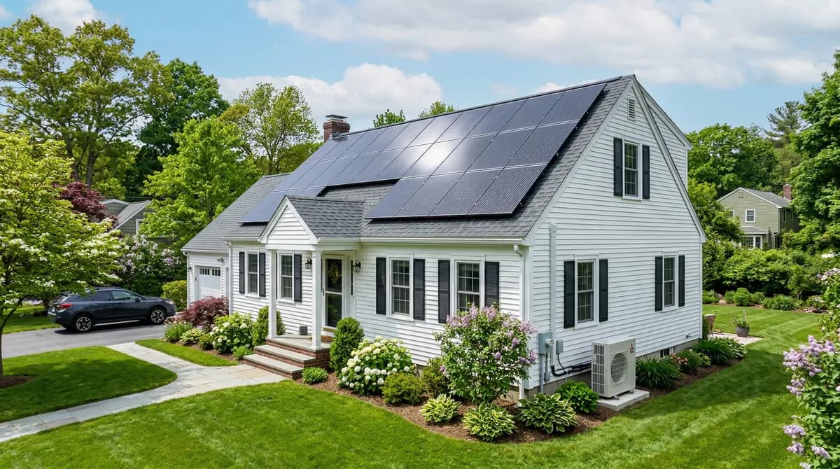 Solar panels on Massachusetts home roof with heat pump outdoor unit visible