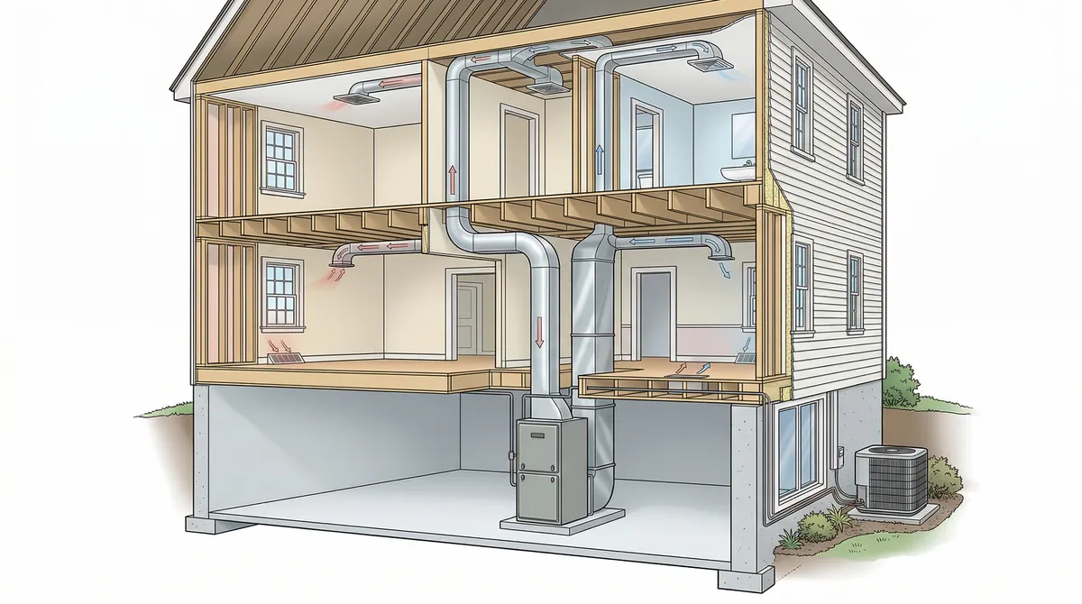 Central ducted heat pump air handler connected to existing ductwork in a Massachusetts home basement