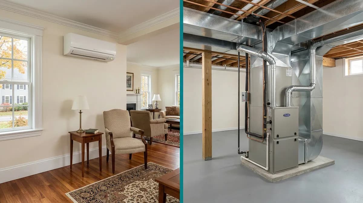 Mini-split wall unit and central ducted heat pump side by side in a Massachusetts home
