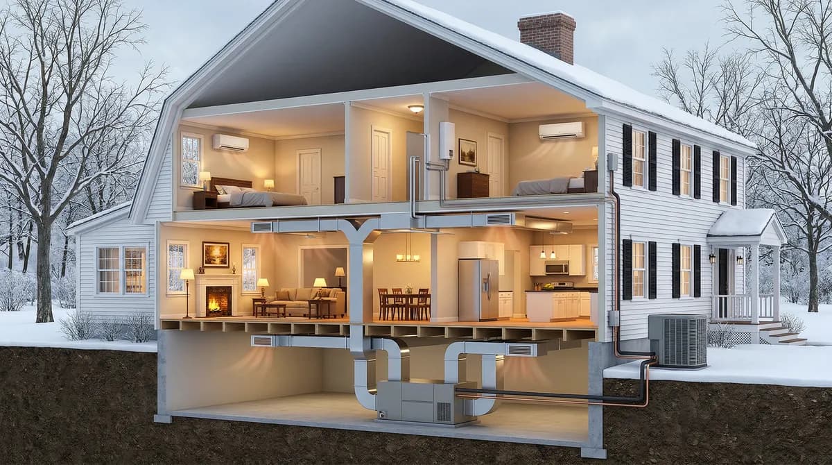 Hybrid heat pump setup showing ducted air handler for main floors and mini-split heads for bedrooms in a Massachusetts Colonial home