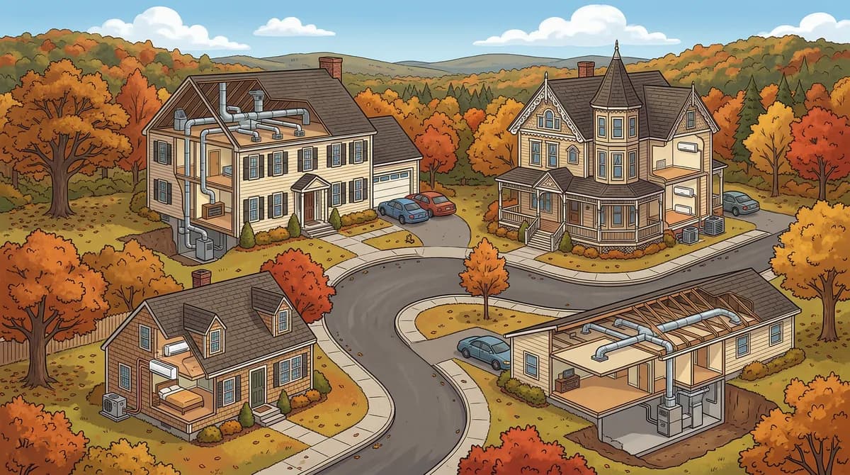 Massachusetts home types - Colonial, Cape Cod, Victorian, and Ranch - showing heat pump recommendations
