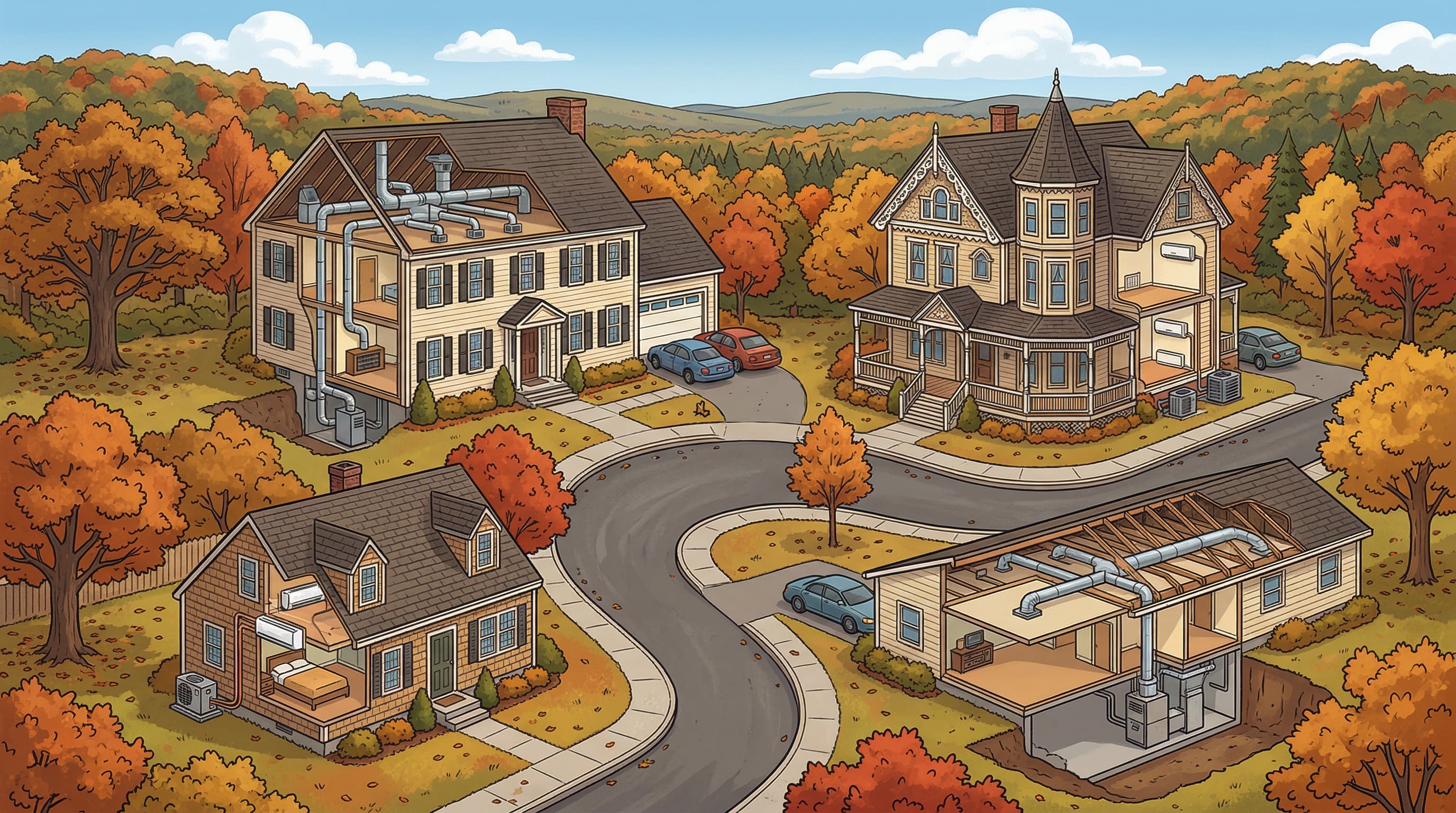 Massachusetts home types - Colonial, Cape Cod, Victorian, and Ranch - showing heat pump recommendations