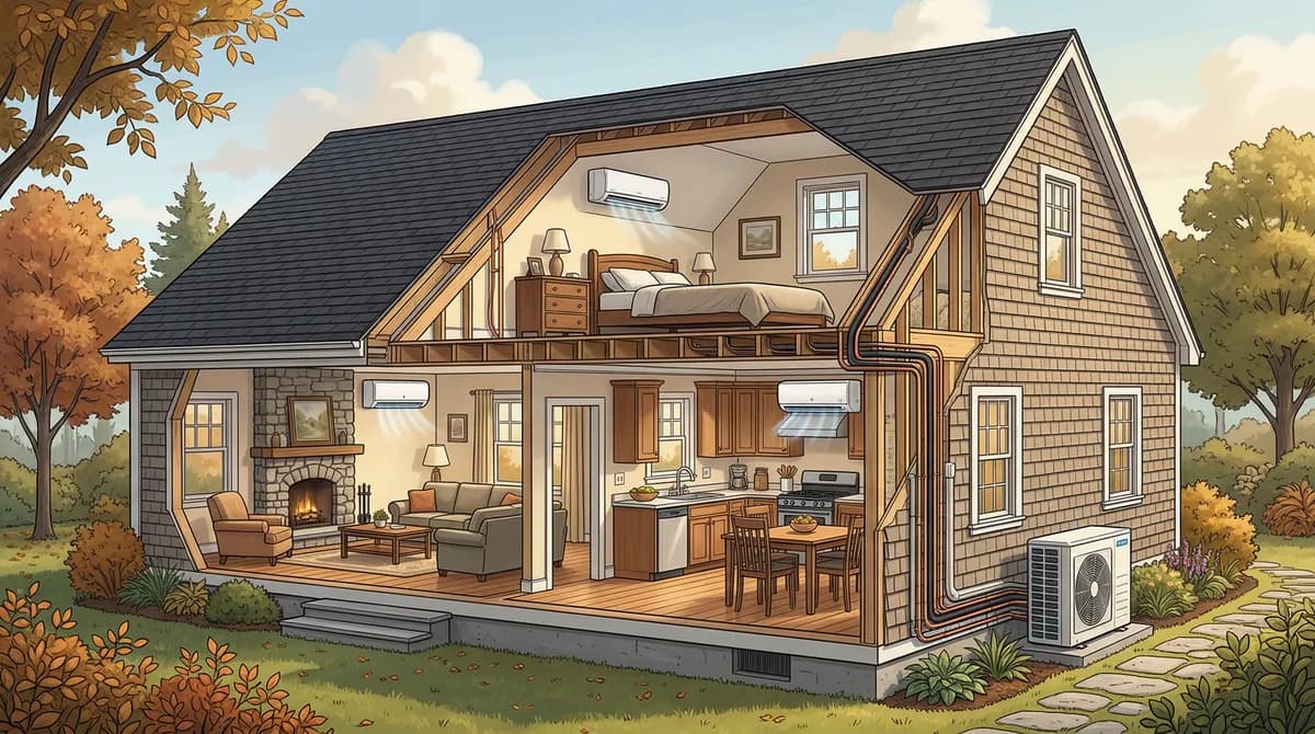 Ductless mini-split system with wall-mounted indoor units connected to an outdoor compressor