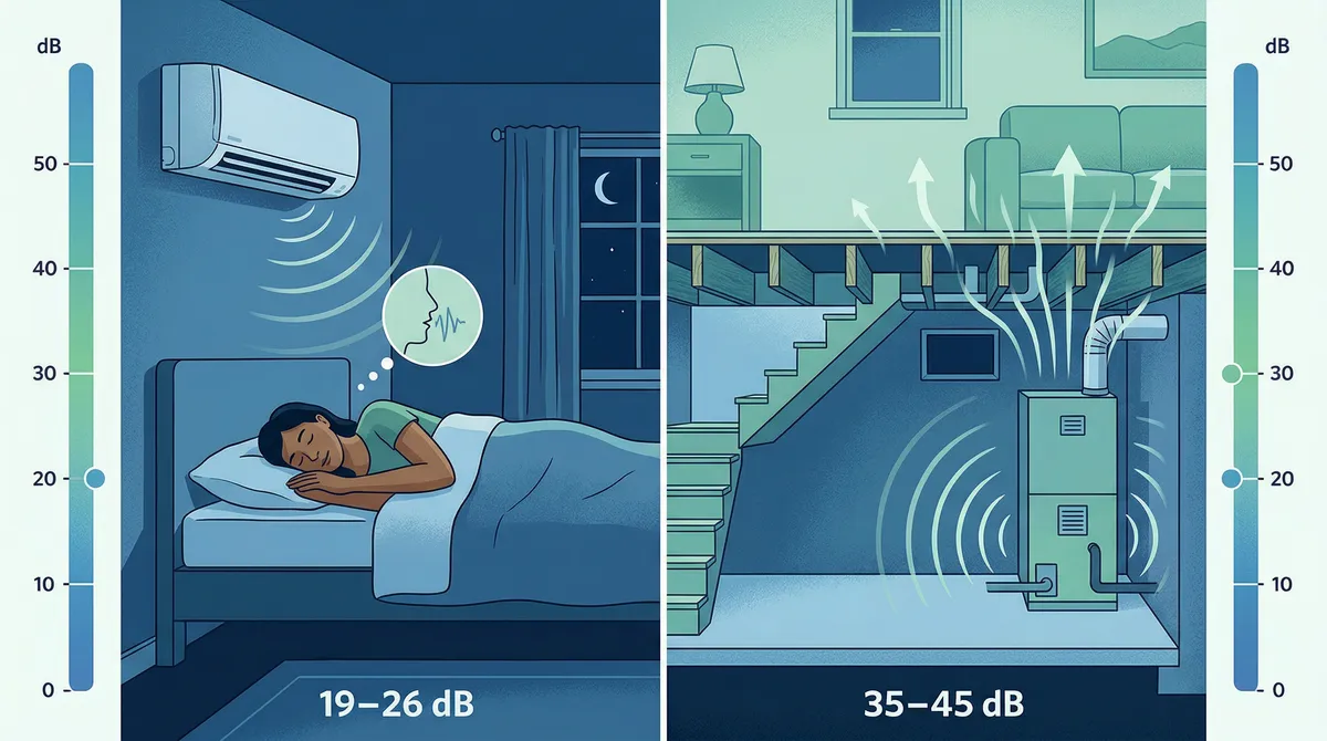 Noise level comparison chart between mini-split and ducted heat pump systems