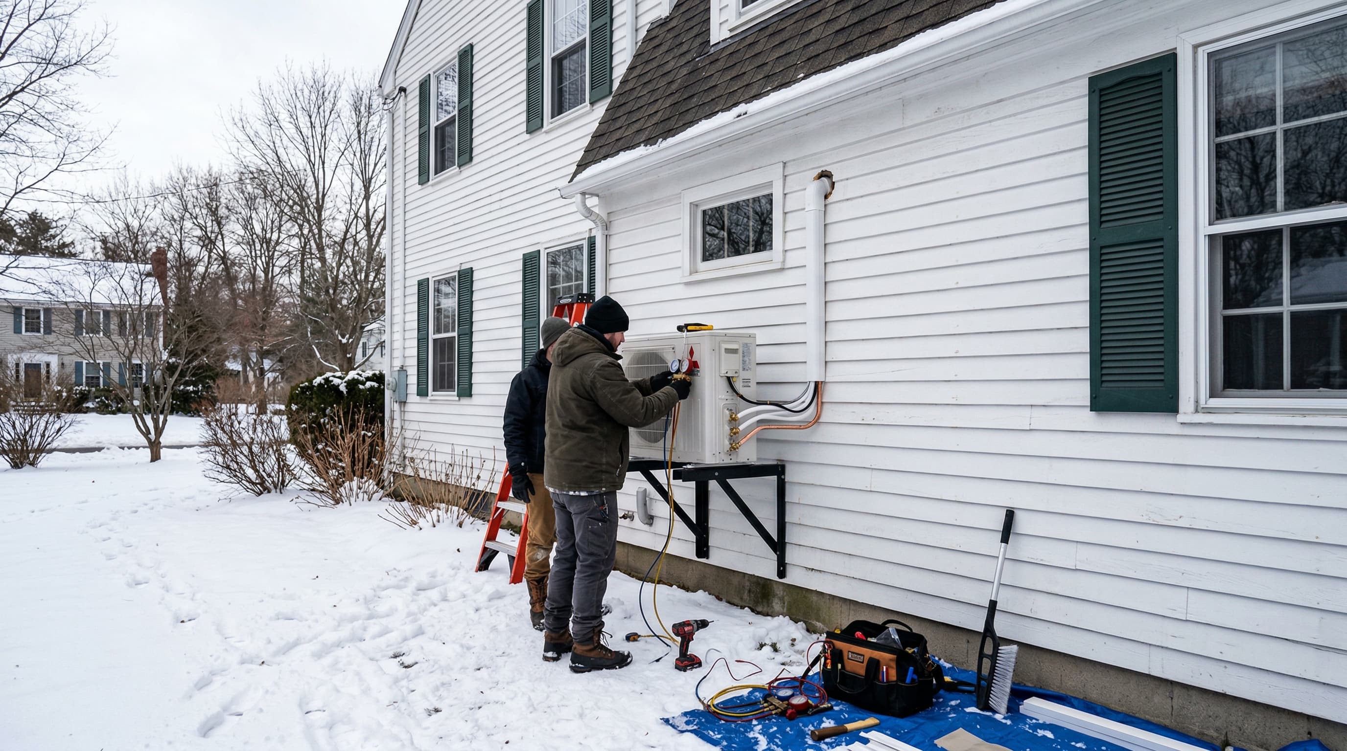 Mini split installation on a Massachusetts colonial home showing outdoor unit placement and refrigerant line routing