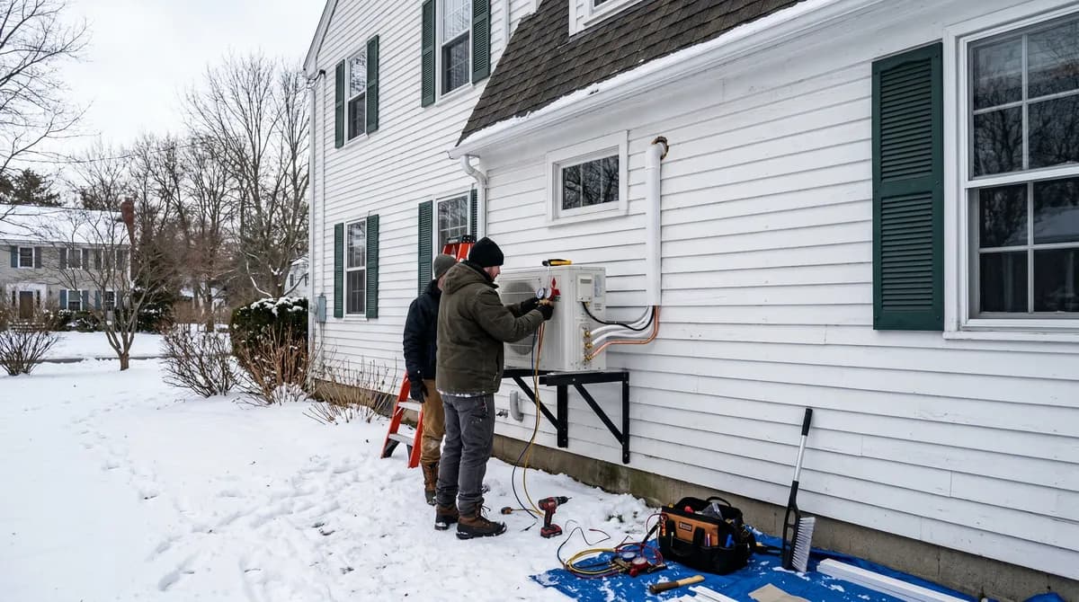 Mini split installation on a Massachusetts colonial home showing outdoor unit placement and refrigerant line routing