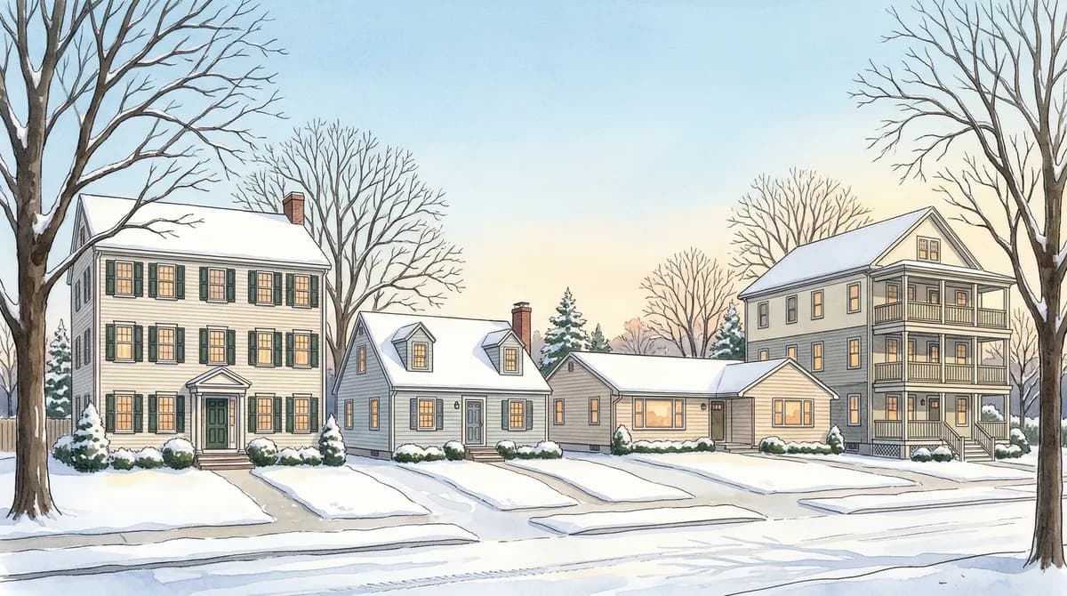 Different Massachusetts home types with mini split configurations: Colonial, Cape Cod, Ranch, Triple-Decker