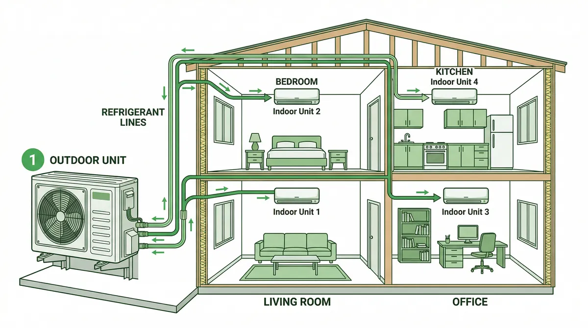 Diagram showing a multi-zone mini split with one outdoor unit connected to multiple indoor units