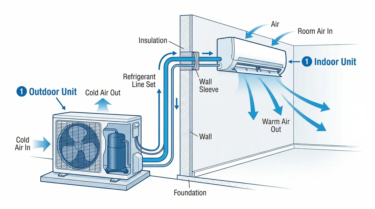 Diagram showing a single-zone mini split with one outdoor and one indoor unit
