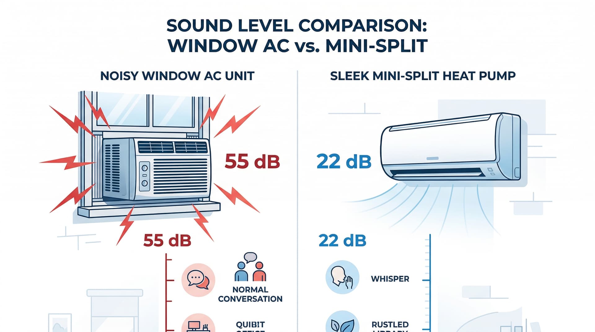 Decibel comparison chart showing window AC at 55 dB vs mini-split at 22 dB