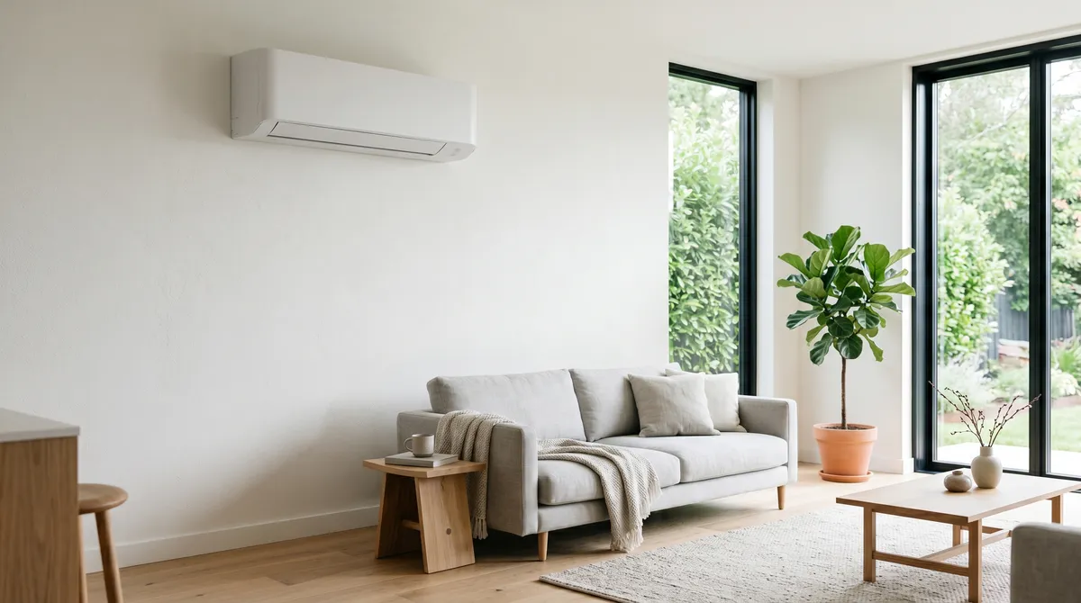 Quilt ductless cold-climate heat pump with a slim indoor head mounted in a modern living room beside its Quilt Dial thermostat