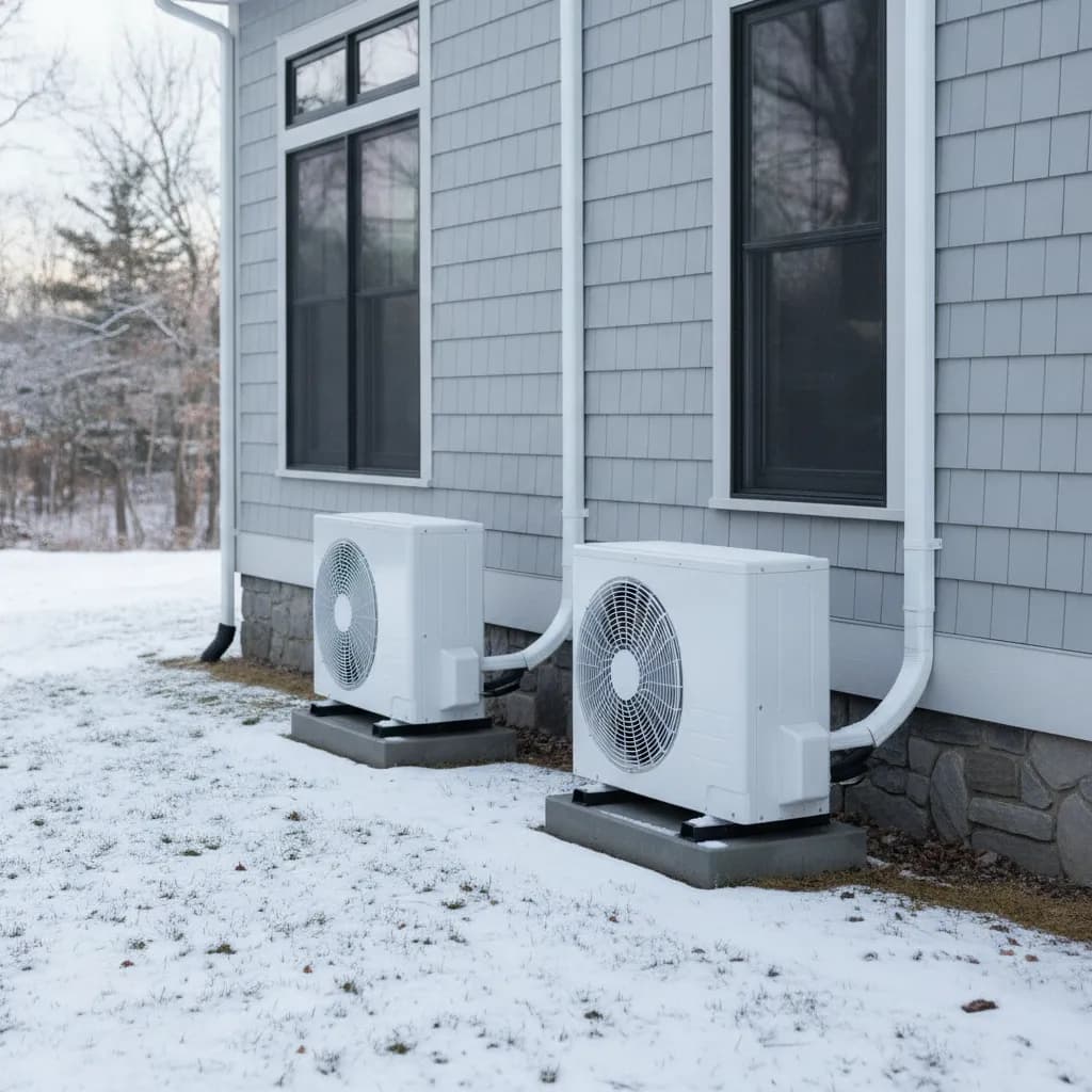 Two slim white ductless mini-split outdoor heat pump units installed side by side on ground pads beside a New England home in winter