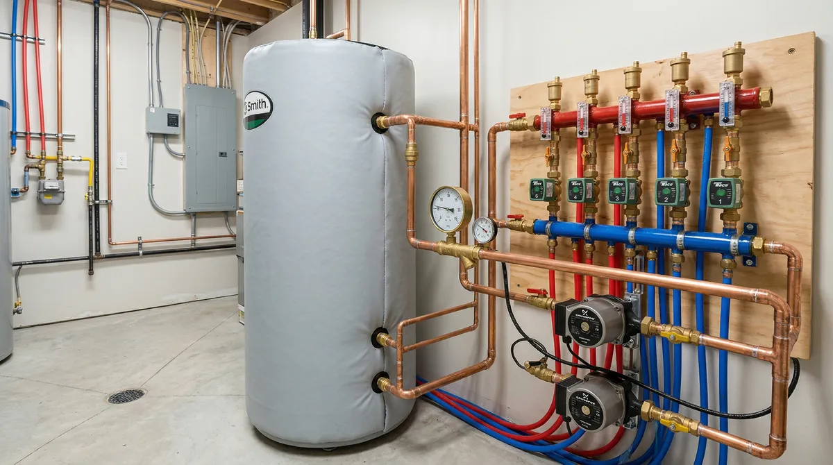 Buffer tank and radiant floor manifold in Massachusetts home mechanical room
