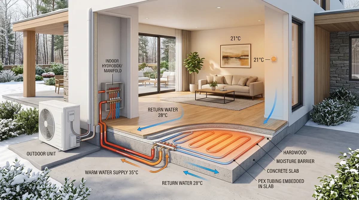Radiant floor heating tubing connected to air-to-water heat pump system