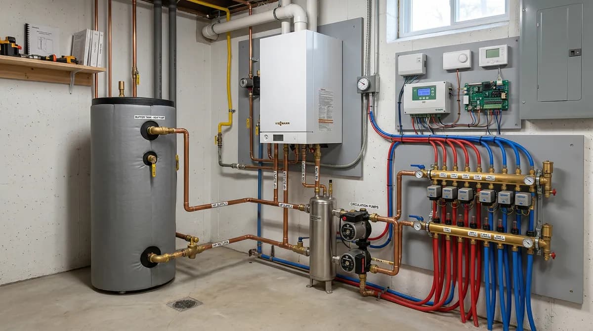 Hybrid heat pump and boiler setup for radiant floor heating in Massachusetts home