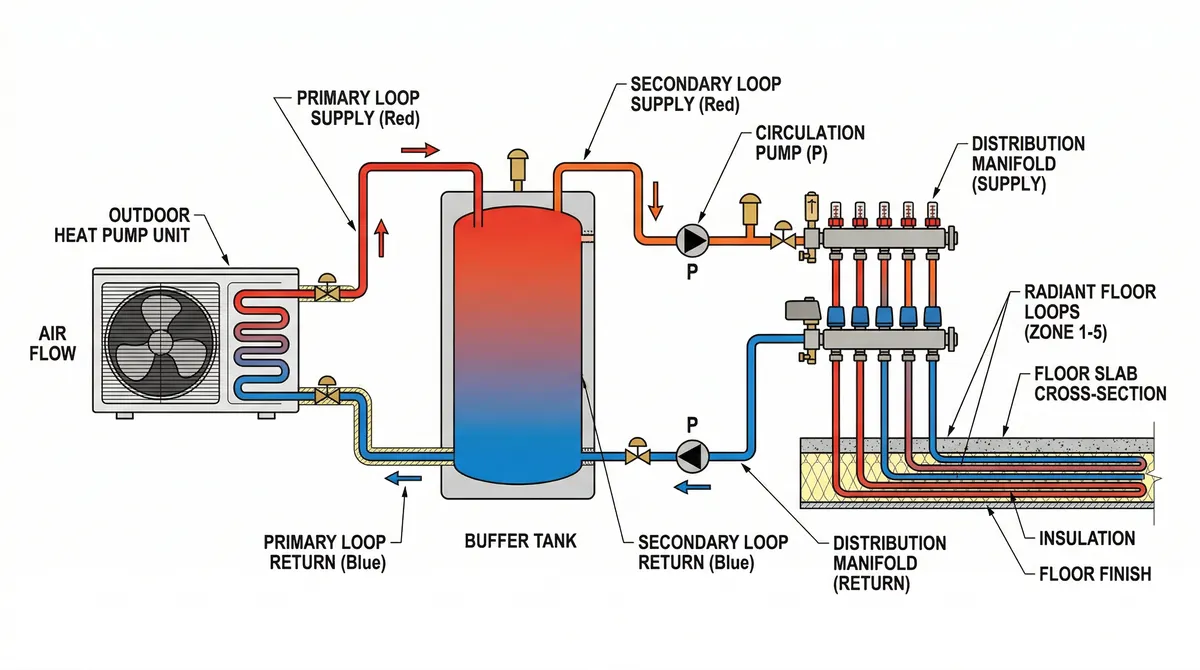Diagram showing air-to-water heat pump connected to buffer tank and radiant floor manifold