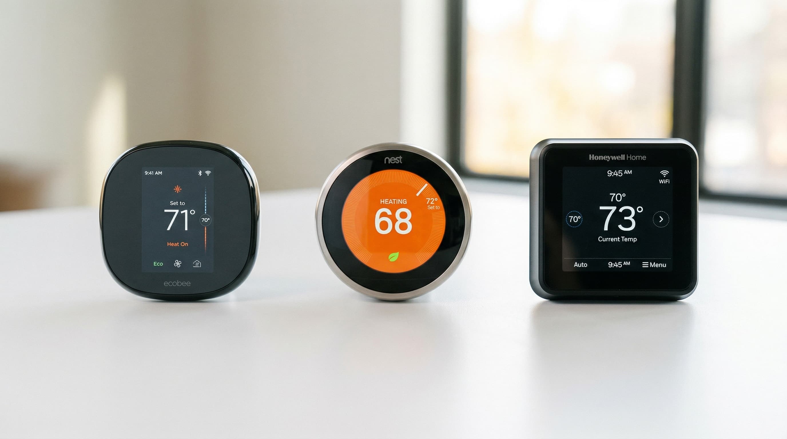 Three smart thermostats compatible with heat pumps: Ecobee, Nest, and Honeywell