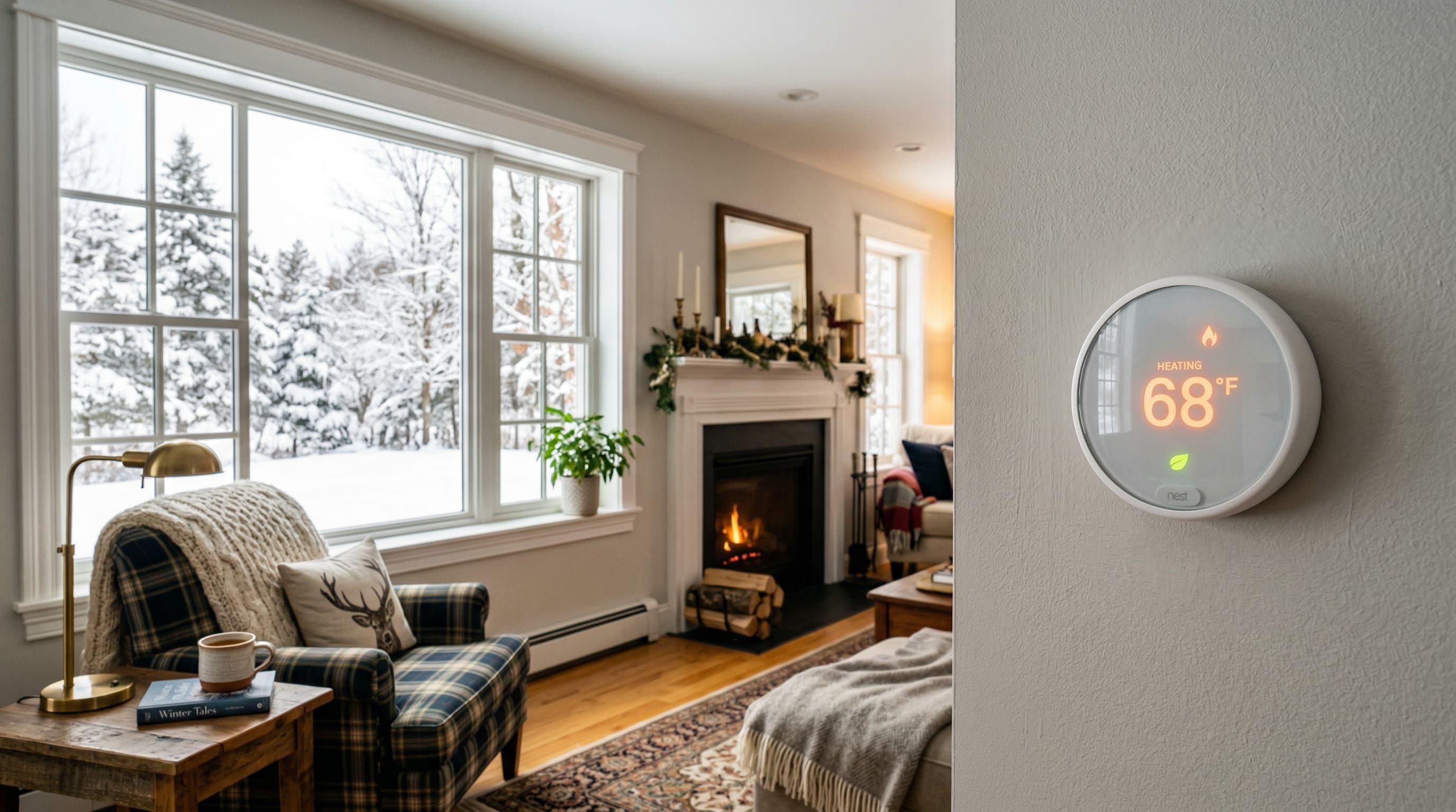 Modern smart thermostat displaying heat pump settings in a Massachusetts home
