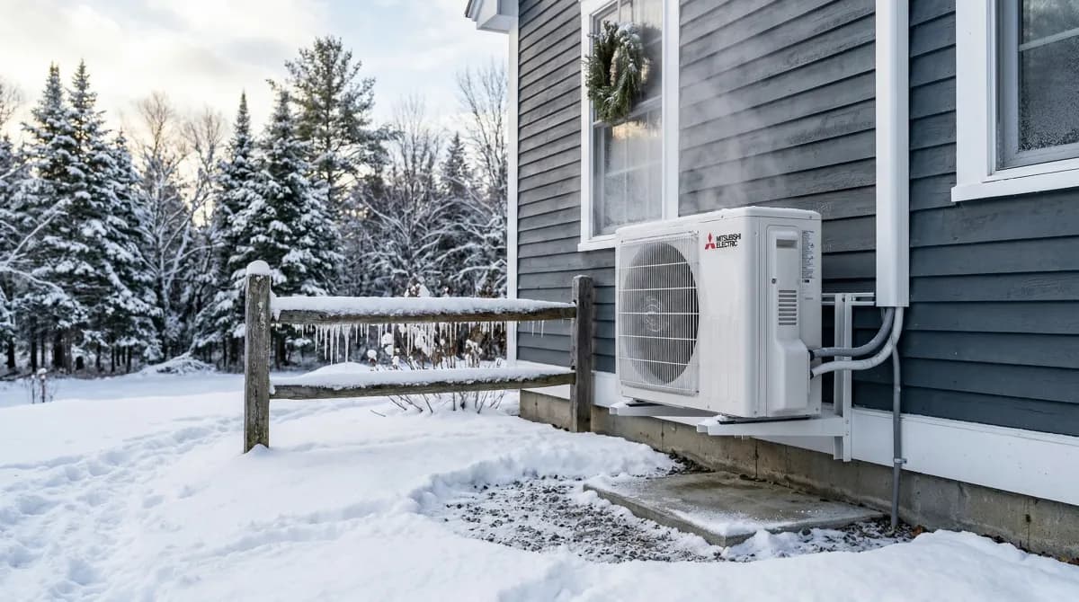 Heat pump outdoor unit in snow with cleared area around it — New England winter