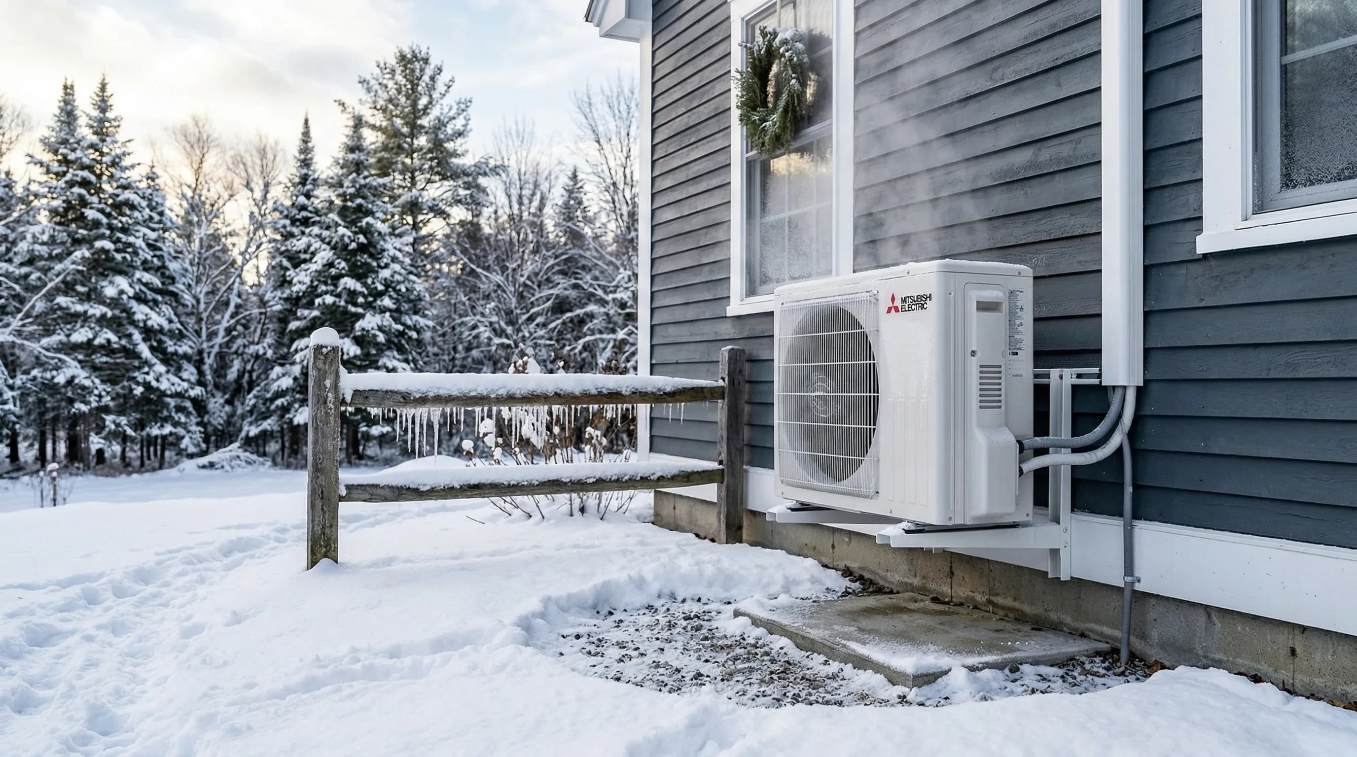 Heat pump outdoor unit in snow with cleared area around it — New England winter