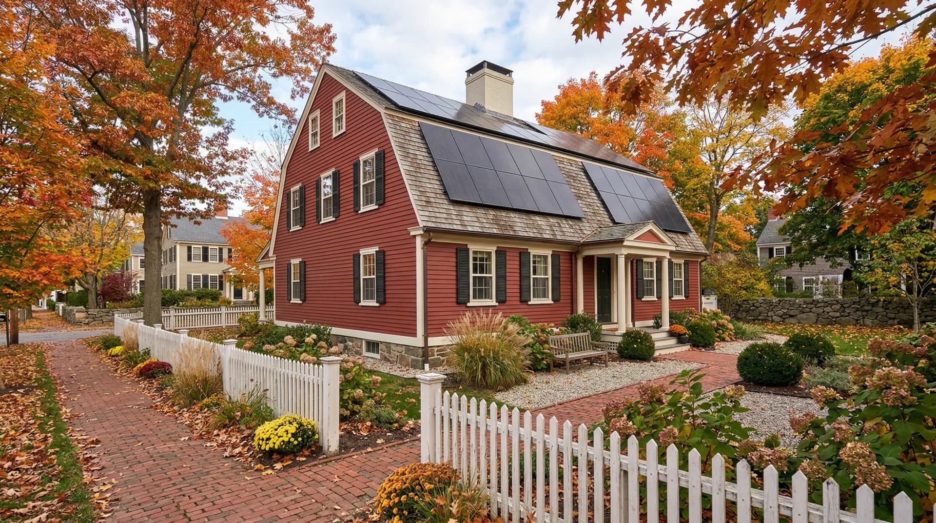 Historic Massachusetts colonial home with all-black solar panels on rear-facing roof