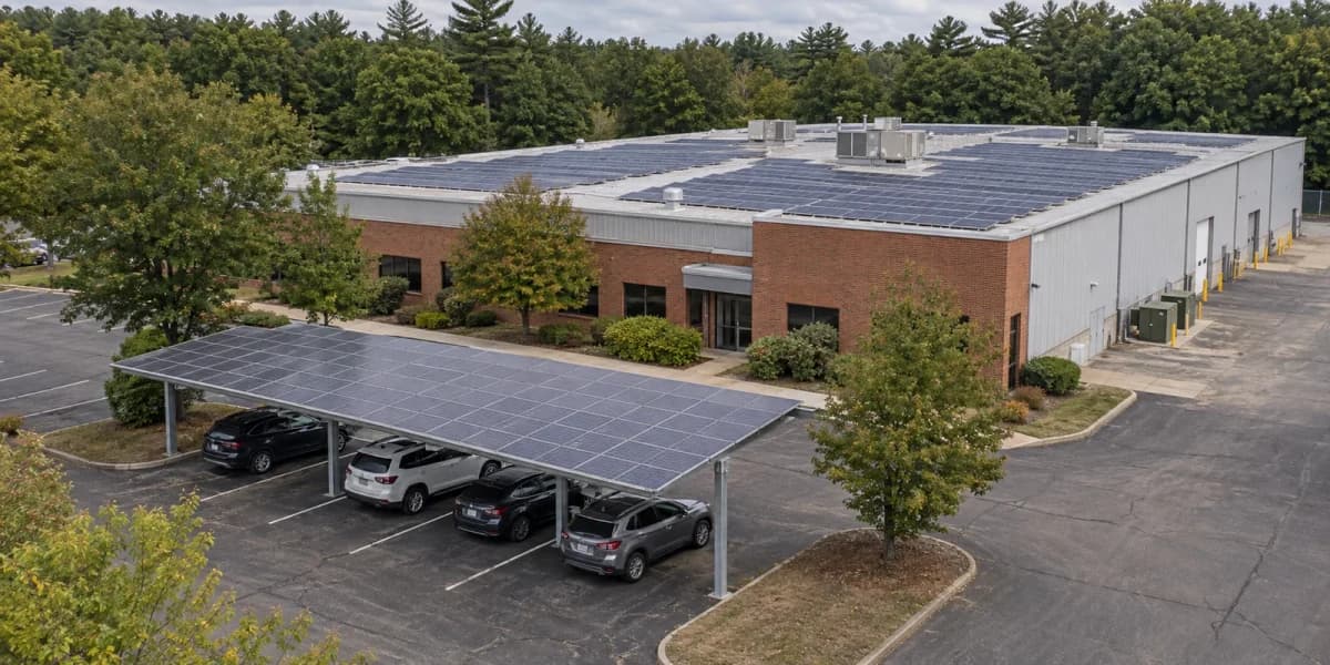 Northeast brick-front commercial building with rooftop solar and a parking canopy (AI-generated scene)