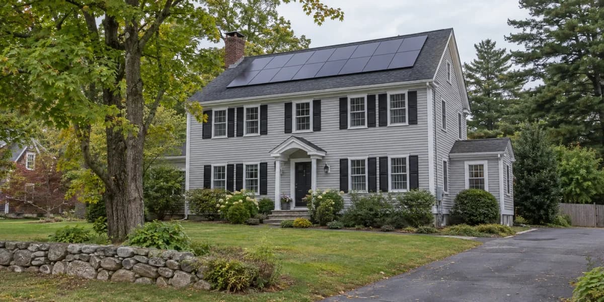 New England colonial home with rooftop solar, maple trees and a fieldstone wall (AI-generated scene)